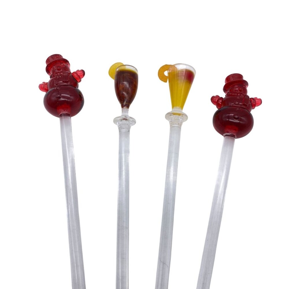 Snowman cocktail stirrers cocktail drink glasses plastic red Christmas barware 7